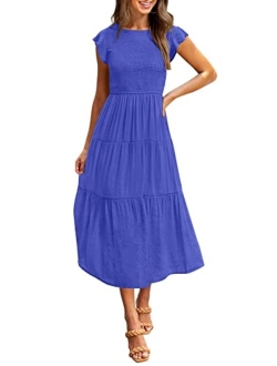 Women's Flutter Short Sleeve Smocked Midi Dress Summer Casual Tiered A-Line Dress