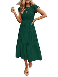 Women's Flutter Short Sleeve Smocked Midi Dress Summer Casual Tiered A-Line Dress