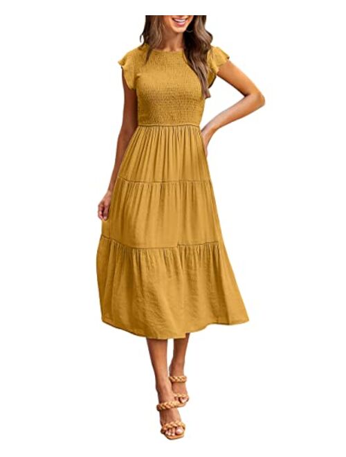 MEROKEETY Women's Flutter Short Sleeve Smocked Midi Dress Summer Casual Tiered A-Line Dress