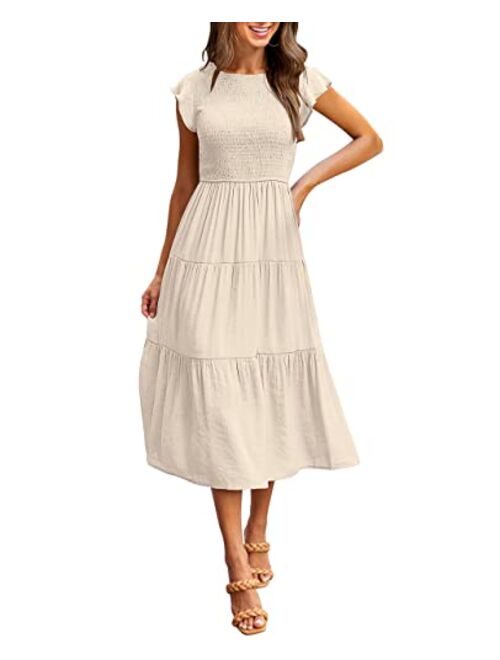 MEROKEETY Women's Flutter Short Sleeve Smocked Midi Dress Summer Casual Tiered A-Line Dress