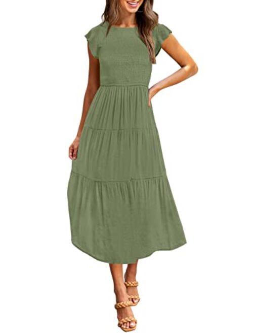 MEROKEETY Women's Flutter Short Sleeve Smocked Midi Dress Summer Casual Tiered A-Line Dress