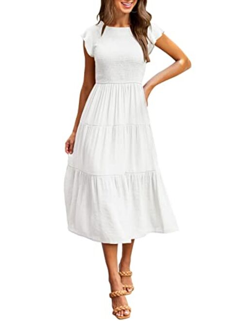 MEROKEETY Women's Flutter Short Sleeve Smocked Midi Dress Summer Casual Tiered A-Line Dress