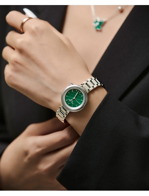 Lola Rose Women's Malachite Watch with White Gold Tone Three-Bead Steel Bracelet