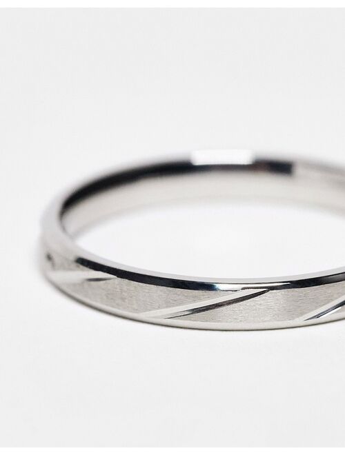 ASOS DESIGN waterproof stainless steel skinny band ring with brushed texture in silver tone