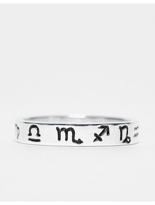 ASOS DESIGN sterling silver band ring with zodiac design in silver