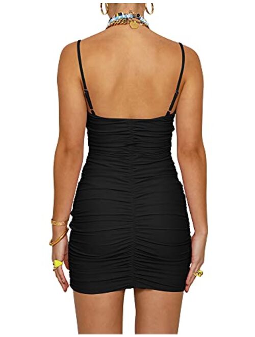 BORIFLORS Women's Sexy Bodycon Cut Out Ruched Backless Spaghetti Strap Mini Club Party Dresses