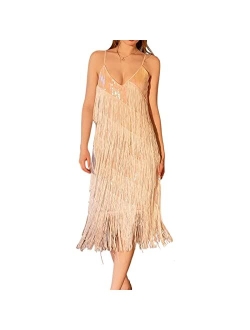 Faretumiya Women Tassel Fringe Sling Cami Dress Sleevelss Sparkly Club Night Out Dancewear Fashion Flapper Bodycon Mini Dress