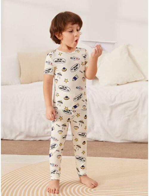 SHEIN Toddler Boys Allover Cartoon Graphic Snug Fit PJ Set