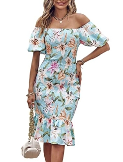 Women's Summer Floral Midi Bodycon Dresses Short Puff Sleeve Square Neck Ruffle Hem Mermaid Cocktail Dress