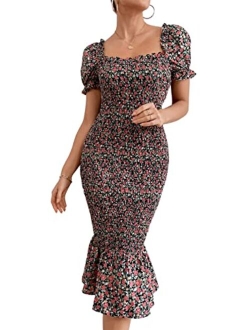 Women's Summer Floral Midi Bodycon Dresses Short Puff Sleeve Square Neck Ruffle Hem Mermaid Cocktail Dress