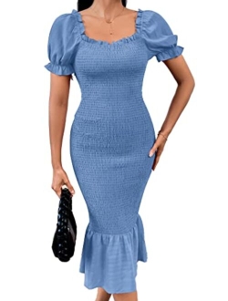 Women's Summer Floral Midi Bodycon Dresses Short Puff Sleeve Square Neck Ruffle Hem Mermaid Cocktail Dress