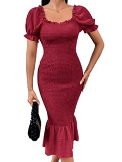 Women's Summer Floral Midi Bodycon Dresses Short Puff Sleeve Square Neck Ruffle Hem Mermaid Cocktail Dress