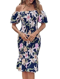 Women's Summer Floral Midi Bodycon Dresses Short Puff Sleeve Square Neck Ruffle Hem Mermaid Cocktail Dress