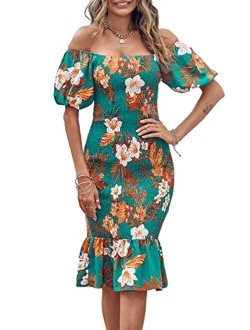 Women's Summer Floral Midi Bodycon Dresses Short Puff Sleeve Square Neck Ruffle Hem Mermaid Cocktail Dress