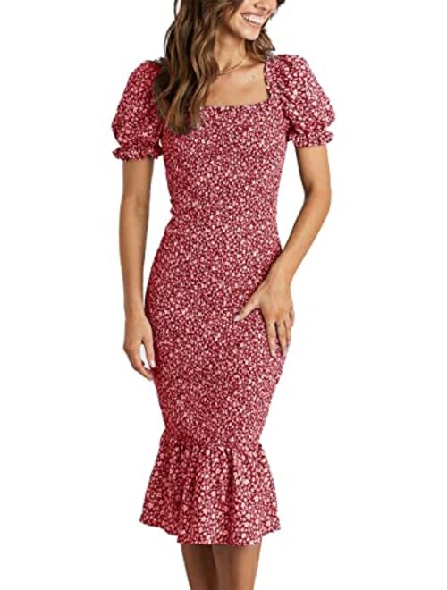 PRETTYGARDEN Women's Summer Floral Midi Bodycon Dresses Short Puff Sleeve Square Neck Ruffle Hem Mermaid Cocktail Dress