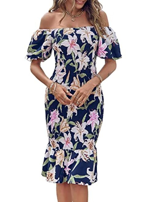 PRETTYGARDEN Women's Summer Floral Midi Bodycon Dresses Short Puff Sleeve Square Neck Ruffle Hem Mermaid Cocktail Dress