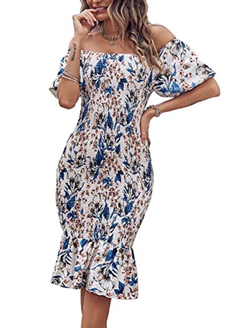 PRETTYGARDEN Women's Summer Floral Midi Bodycon Dresses Short Puff Sleeve Square Neck Ruffle Hem Mermaid Cocktail Dress