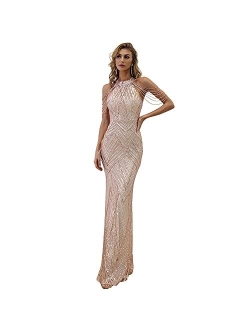 Miss ord Women's Formal Halter Sequin Tassel Bodycon Maxi Prom Dress, Elegant Mermaid Evening Gown