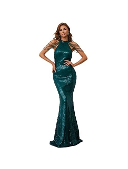 Miss ord Women's Formal Halter Sequin Tassel Bodycon Maxi Prom Dress, Elegant Mermaid Evening Gown