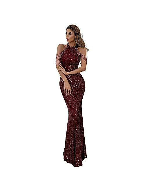 Missord Miss ord Women's Formal Halter Sequin Tassel Bodycon Maxi Prom Dress, Elegant Mermaid Evening Gown