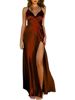 Tsher Women's Sleeveless Spaghetti Strap Satin Wedding Guest Party Dress Cocktail Evening Cowl Neck Backless Midi Formal Dresses