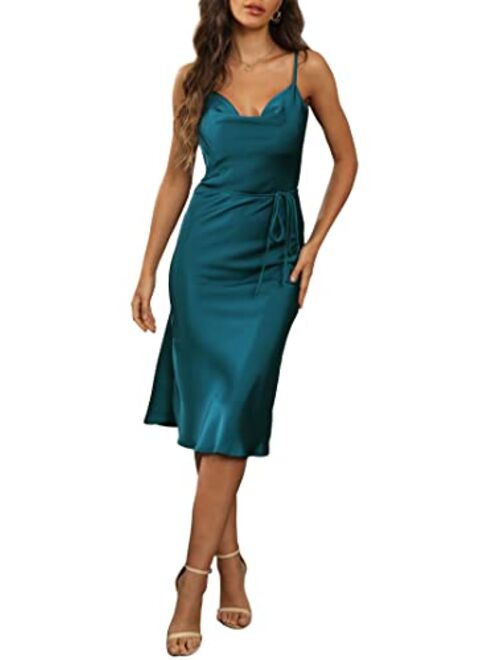 Tsher Women's Sleeveless Spaghetti Strap Satin Wedding Guest Party Dress Cocktail Evening Cowl Neck Backless Midi Formal Dresses