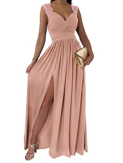 Womens 2023 Formal Dresses Wrap V-Neck Ruched Sexy Bridesmaid Wedding Guest Maxi Dresses