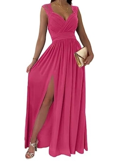 Womens 2023 Formal Dresses Wrap V-Neck Ruched Sexy Bridesmaid Wedding Guest Maxi Dresses