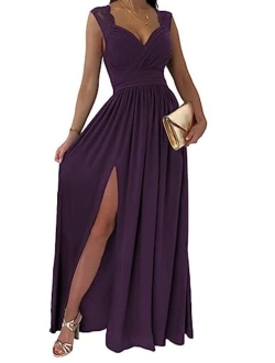 Womens 2023 Formal Dresses Wrap V-Neck Ruched Sexy Bridesmaid Wedding Guest Maxi Dresses