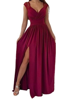 Womens 2023 Formal Dresses Wrap V-Neck Ruched Sexy Bridesmaid Wedding Guest Maxi Dresses