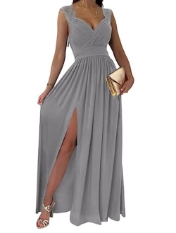 Womens 2023 Formal Dresses Wrap V-Neck Ruched Sexy Bridesmaid Wedding Guest Maxi Dresses