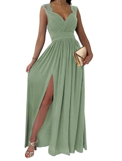 Womens 2023 Formal Dresses Wrap V-Neck Ruched Sexy Bridesmaid Wedding Guest Maxi Dresses