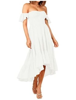 Women's 2023 Summer Boho Off Shoulder Short Sleeve Smocked Ruffle Swing High Low Mermaid Cocktail Party Dress