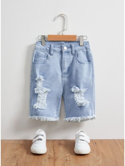 SHEIN Boys Ripped Raw Hem Denim Shorts