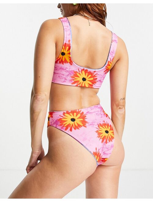 COLLUSION flower print reversible high waist bikini bottom in multi