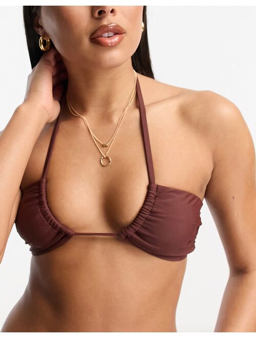 Miss Selfridge mix and match circle cut out bandeau bikini top in chocolate