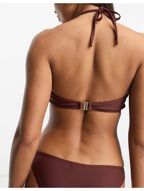 Miss Selfridge mix and match circle cut out bandeau bikini top in chocolate