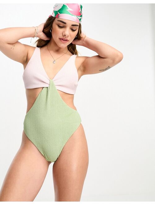 Vero Moda crinkle cut out swimsuit in lilac and sage green