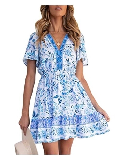 LEANI Womens Summer V Neck Bohemian Floral Print Mini Dress Short Sleeve Ruffle Beach Short Dress