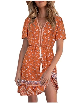 LEANI Womens Summer V Neck Bohemian Floral Print Mini Dress Short Sleeve Ruffle Beach Short Dress