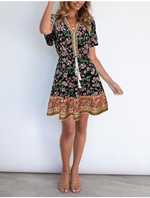 LEANI Womens Summer V Neck Bohemian Floral Print Mini Dress Short Sleeve Ruffle Beach Short Dress