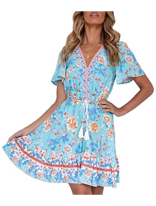 LEANI Womens Summer V Neck Bohemian Floral Print Mini Dress Short Sleeve Ruffle Beach Short Dress