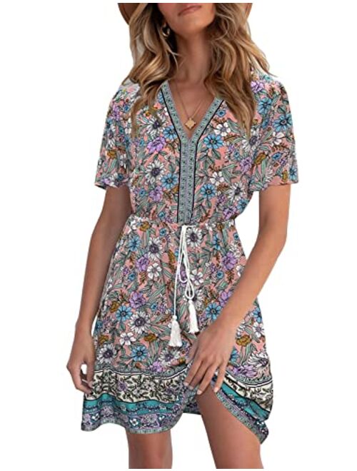 LEANI Womens Summer V Neck Bohemian Floral Print Mini Dress Short Sleeve Ruffle Beach Short Dress