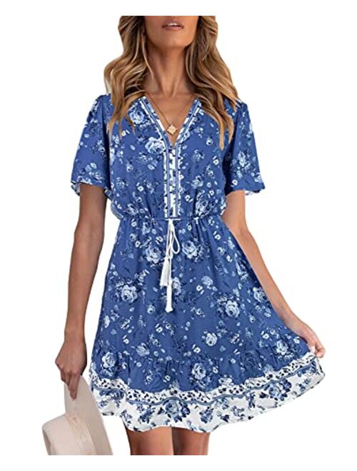 LEANI Womens Summer V Neck Bohemian Floral Print Mini Dress Short Sleeve Ruffle Beach Short Dress