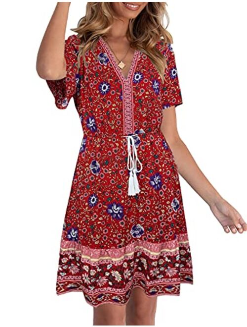 LEANI Womens Summer V Neck Bohemian Floral Print Mini Dress Short Sleeve Ruffle Beach Short Dress