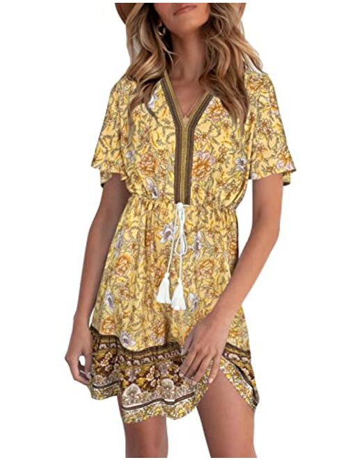 LEANI Womens Summer V Neck Bohemian Floral Print Mini Dress Short Sleeve Ruffle Beach Short Dress