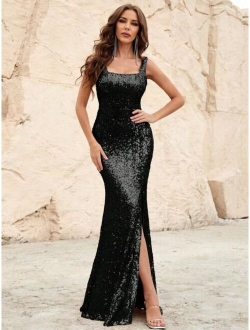 FAERIESTY Women Apparel Split Thigh Sequin Formal Dress