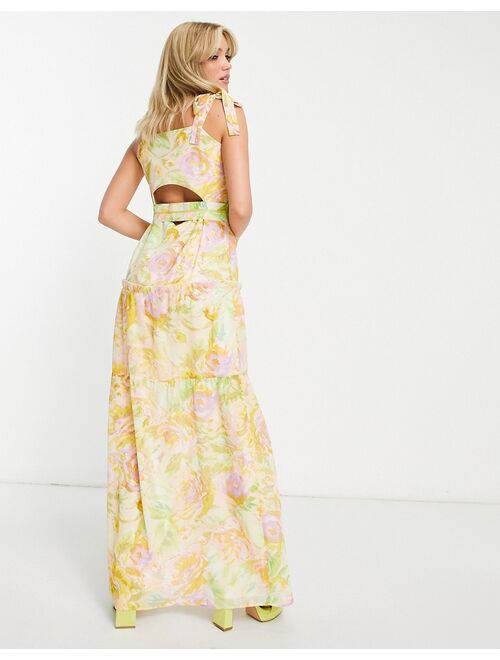 Hope & Ivy tie shoulder belted maxi dress in bright pastel floral