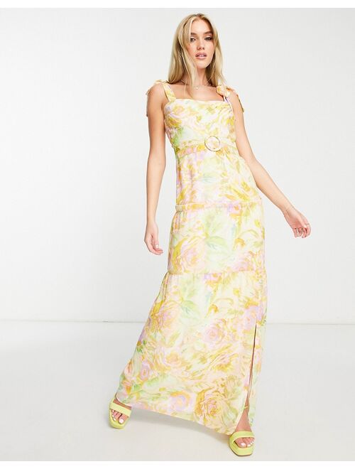 Hope & Ivy tie shoulder belted maxi dress in bright pastel floral