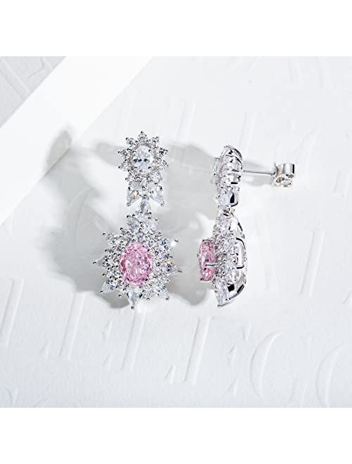 Gobaalele Oval Cut Drop Dangle Earrings, 1.5ct Cubic Zirconia Pink Stone Earrings, 925 Sterling Silver CZ Earrings for Women